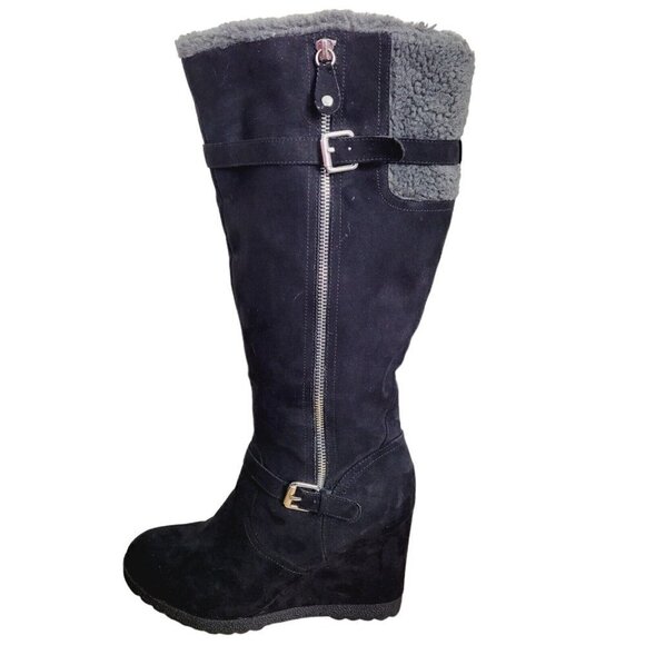 UNISA HUXLEY Sz 9 1/2 Microfleece Tall Boots Wedge Heel Black Faux Shearling - Picture 1 of 9
